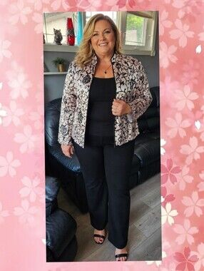 Tradition Vintage Pink Black Damask Mandarin Collar Satin Jacket Blouse Sz 18